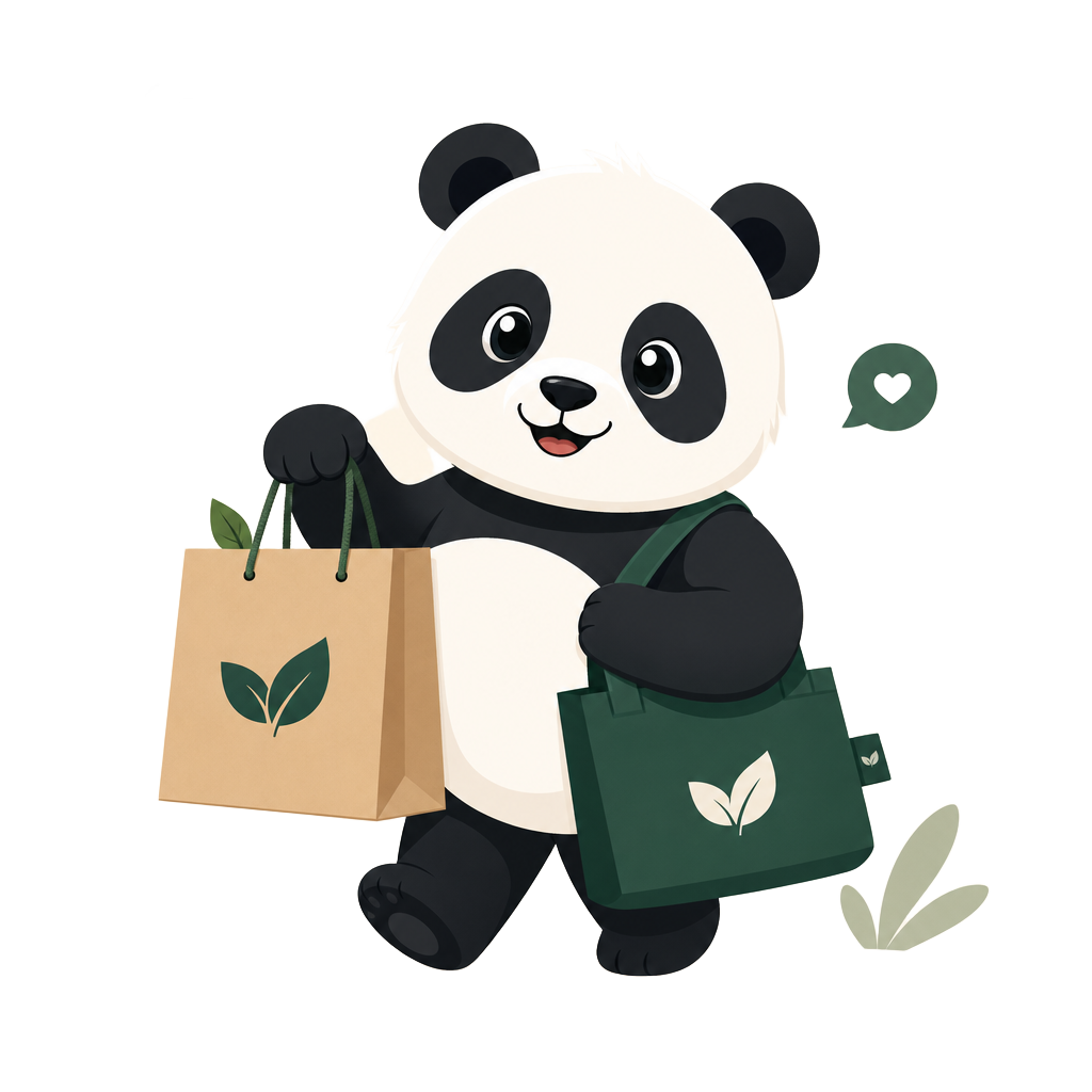 Panda mascot carrying a shopping bag for pandamart.pk